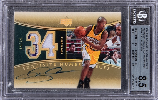 2004-05 UD "Exquisite Collection" Number Pieces Autographs #RA Ray Allen Signed Game Used Patch Card (#34/34) - BGS NM-MT+ 8.5/BGS 7